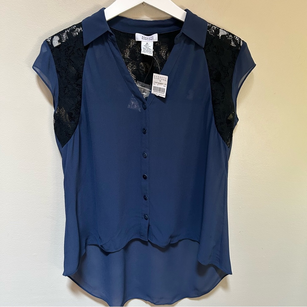 Barneys New York ~new ~ Navy Silk Black Lace Medium Cap Sleeve Blouse *